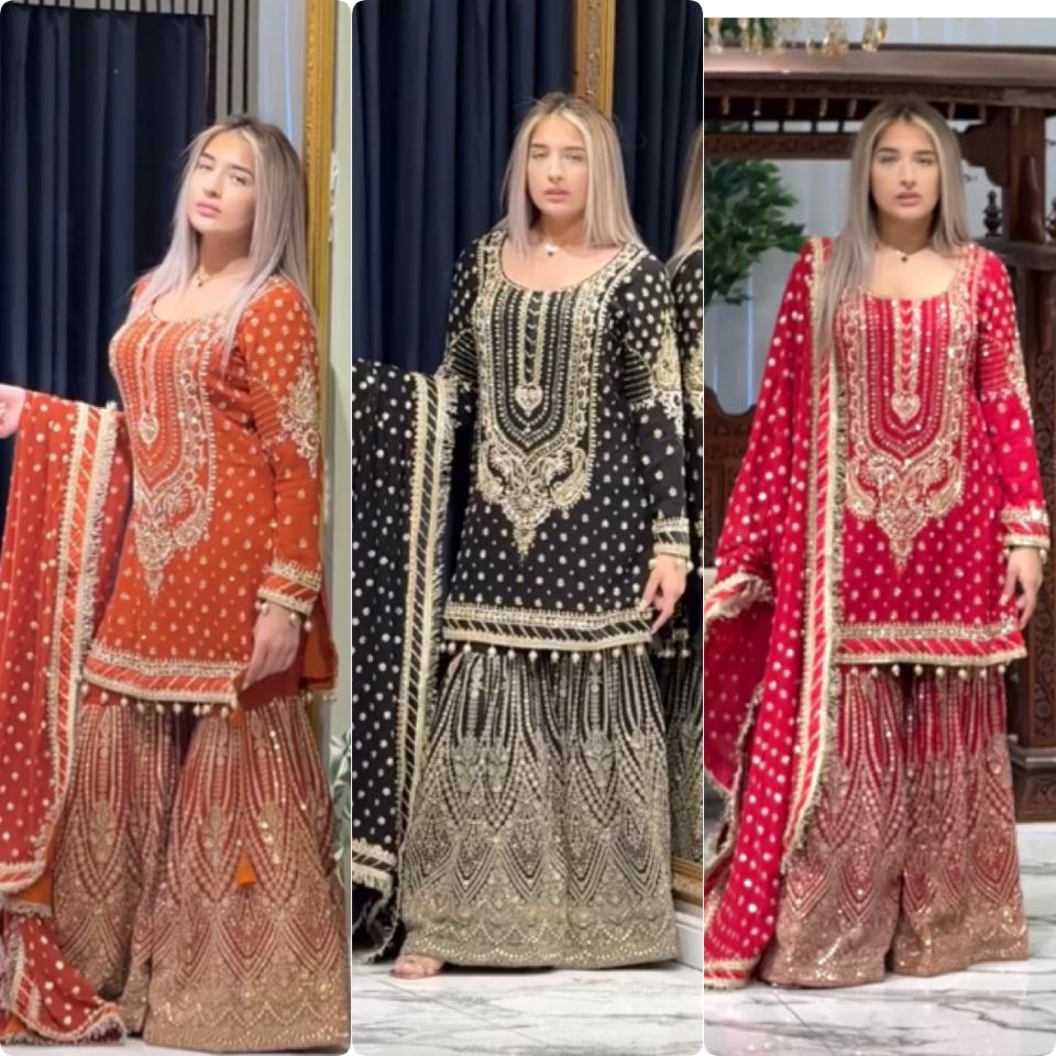 Heavy Faux Georgette With Embroidery 5 mm Sequence Work With Fancy Latkan Border