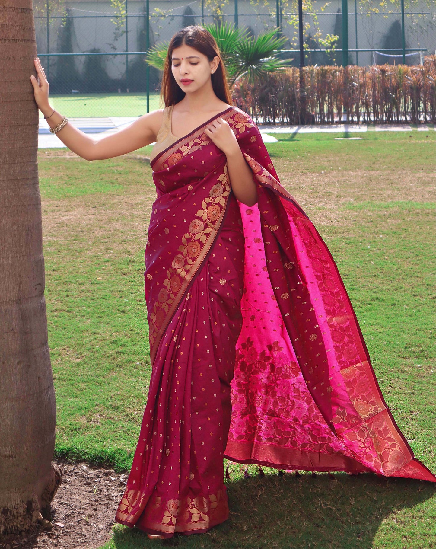 Silk Blend Saree with Copper and Golden Zari Weaved Border and Rich Pallu
