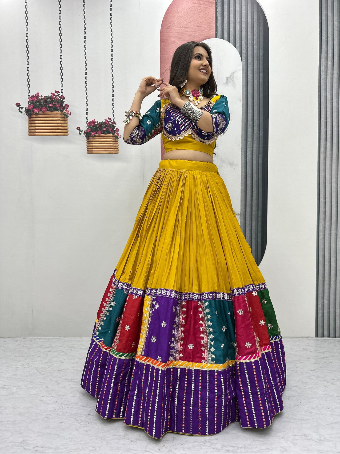 Women's Embroidery Sequence Work Pure Cotton Lehenga Choli and Dupatta