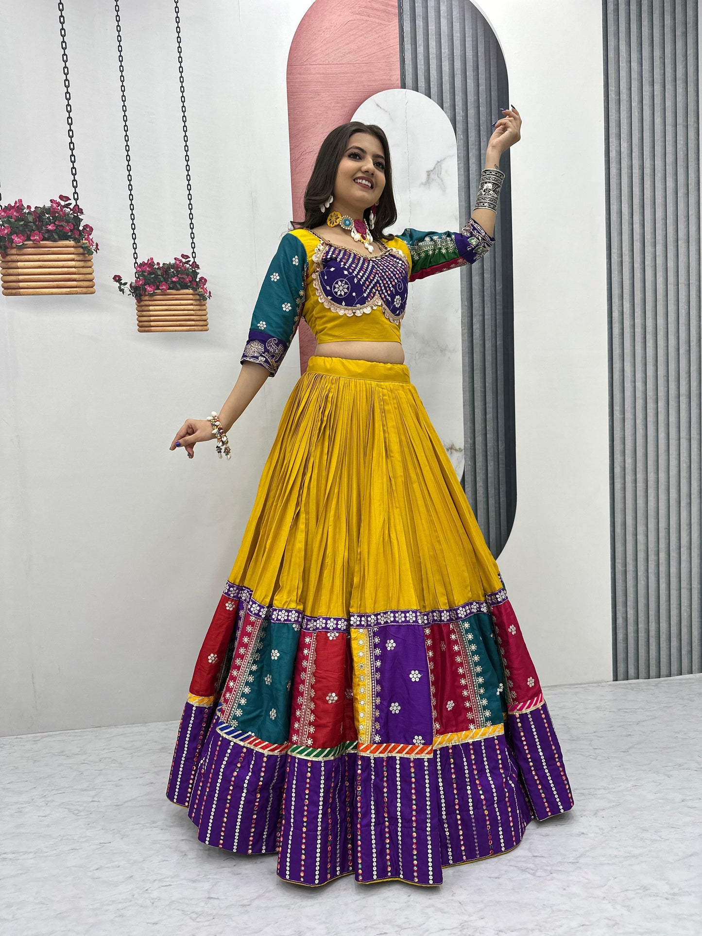Women's Embroidery Sequence Work Pure Cotton Lehenga Choli and Dupatta