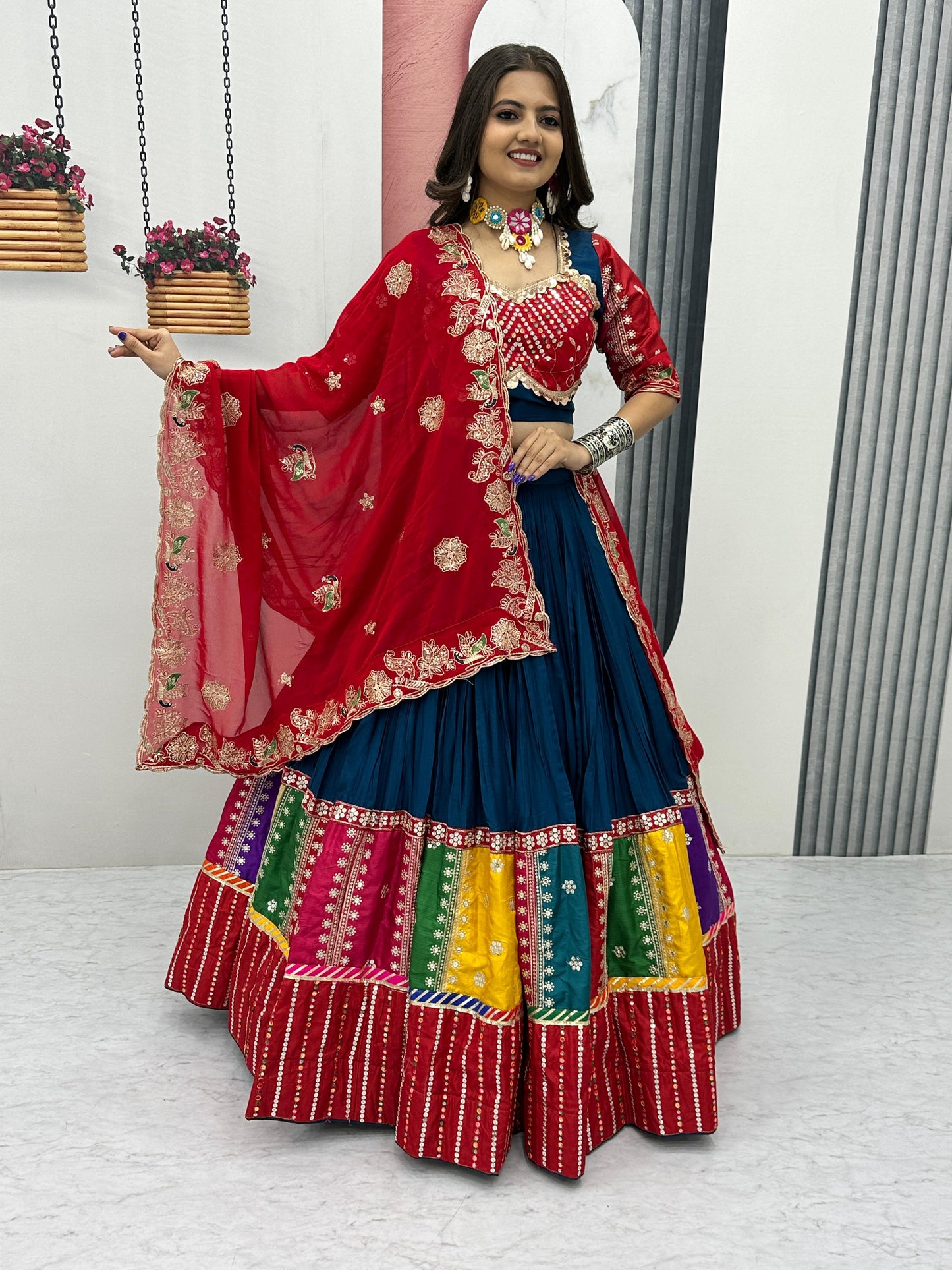 Women's Embroidery Sequence Work Pure Cotton Lehenga Choli and Dupatta