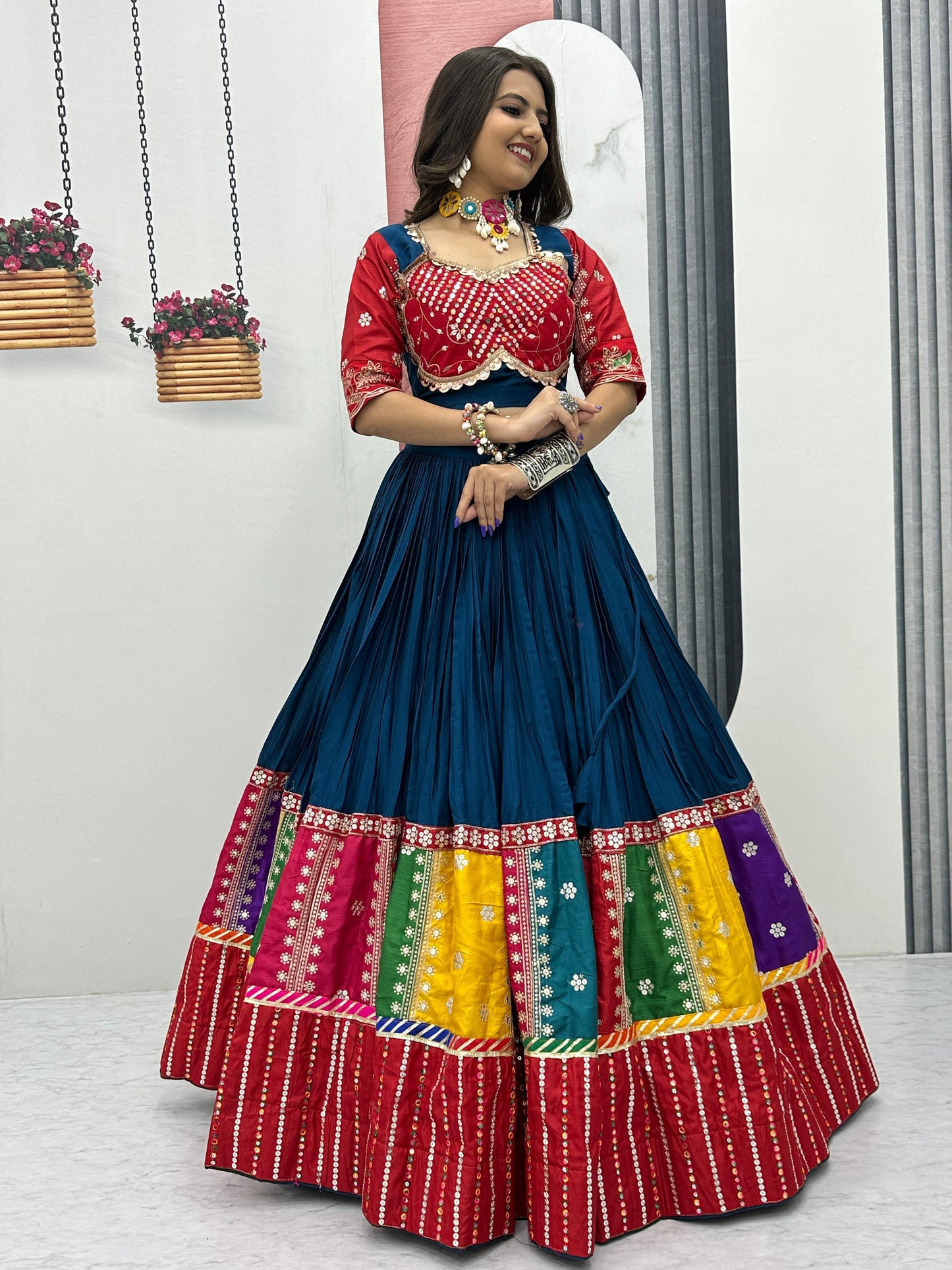 Women's Embroidery Sequence Work Pure Cotton Lehenga Choli and Dupatta