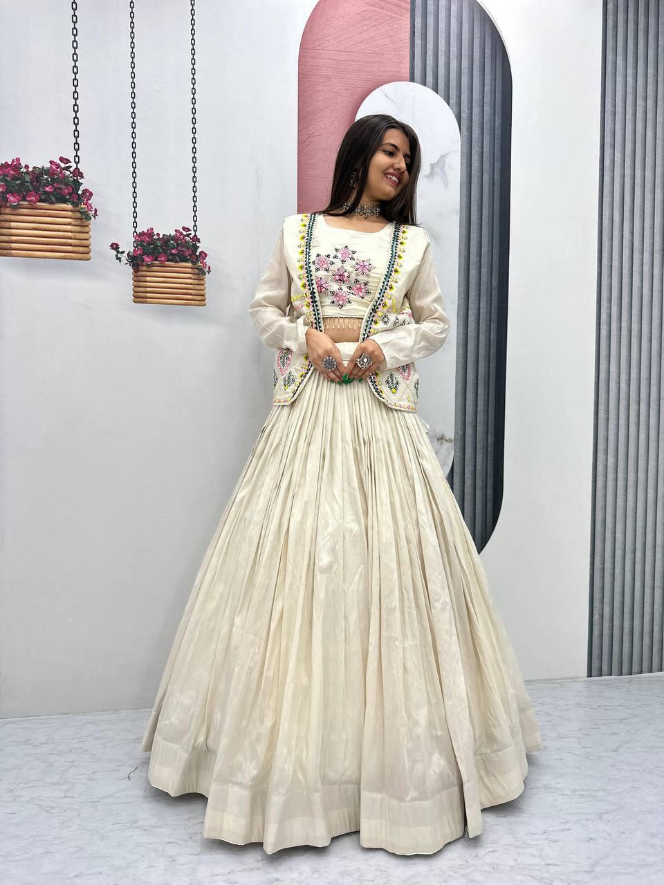 Pure Tissue Simmer Lehenga Choli with Real Handwork and Diamond Work Jacket