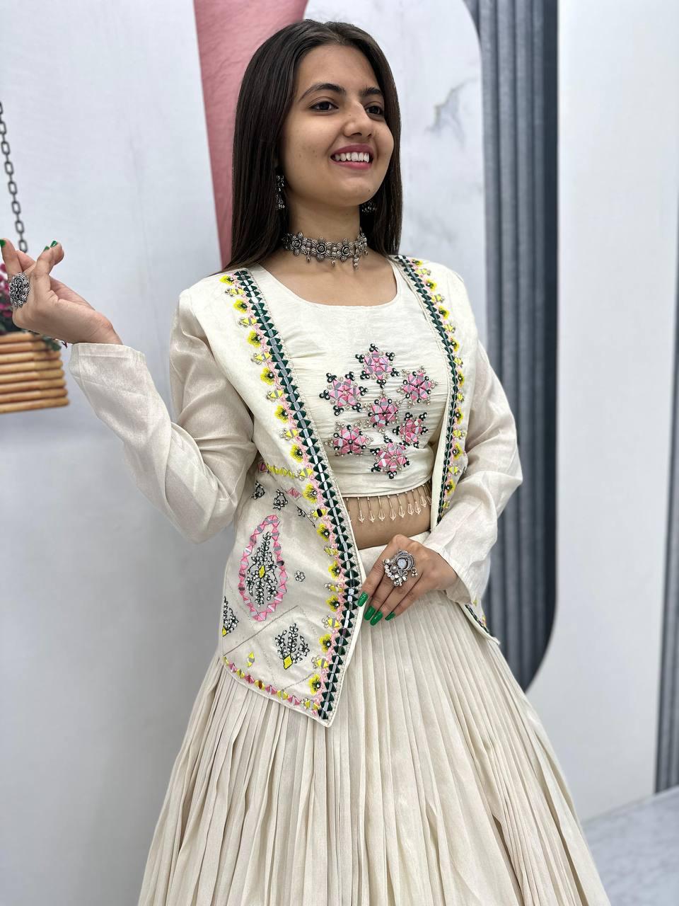 Pure Tissue Simmer Lehenga Choli with Real Handwork and Diamond Work Jacket