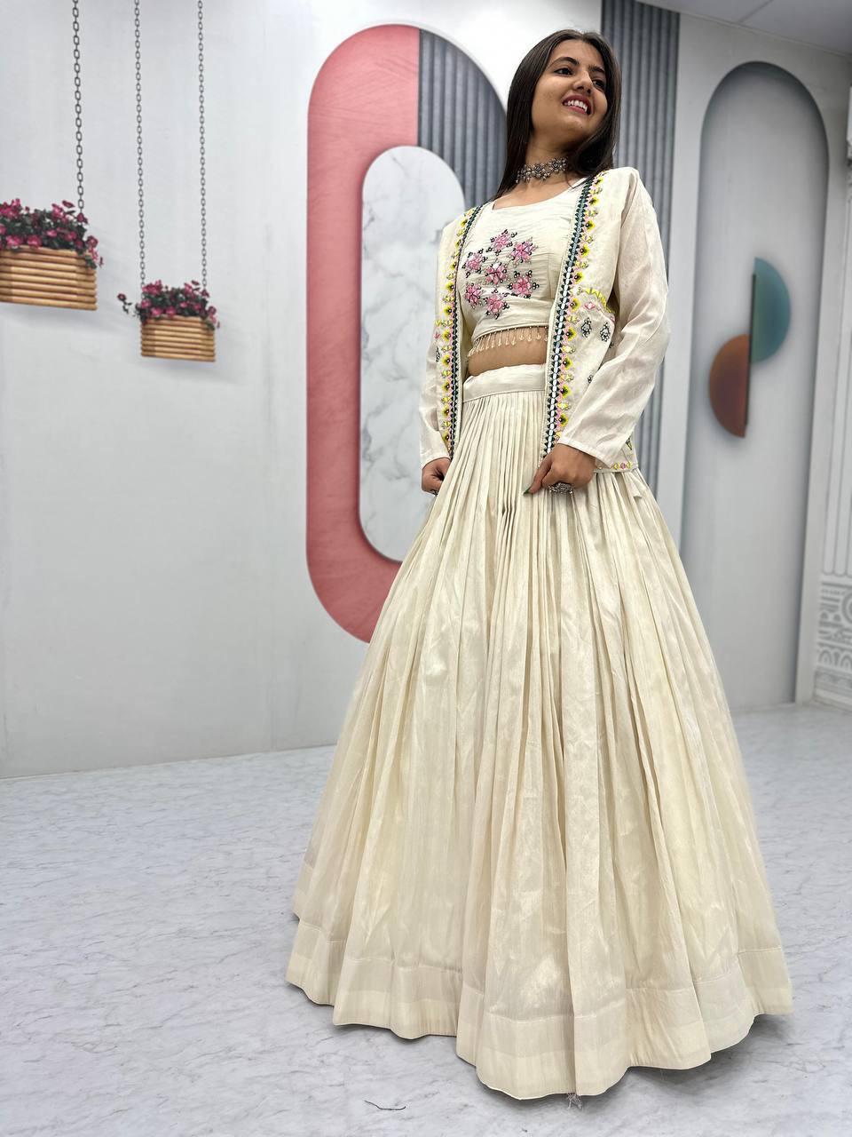 Pure Tissue Simmer Lehenga Choli with Real Handwork and Diamond Work Jacket