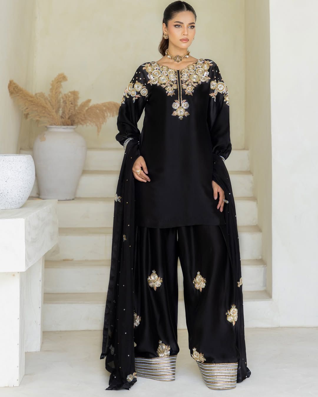 Women's Crepe Silk Salwar Kameez with Embroidery Sequence Work