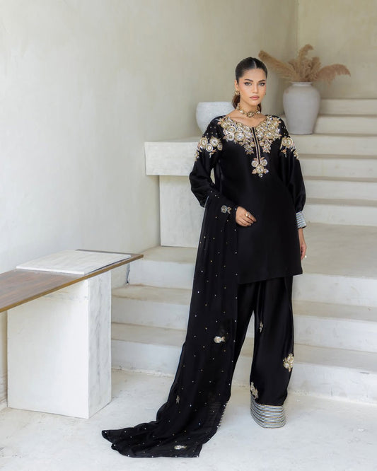 Women's Crepe Silk Salwar Kameez with Embroidery Sequence Work