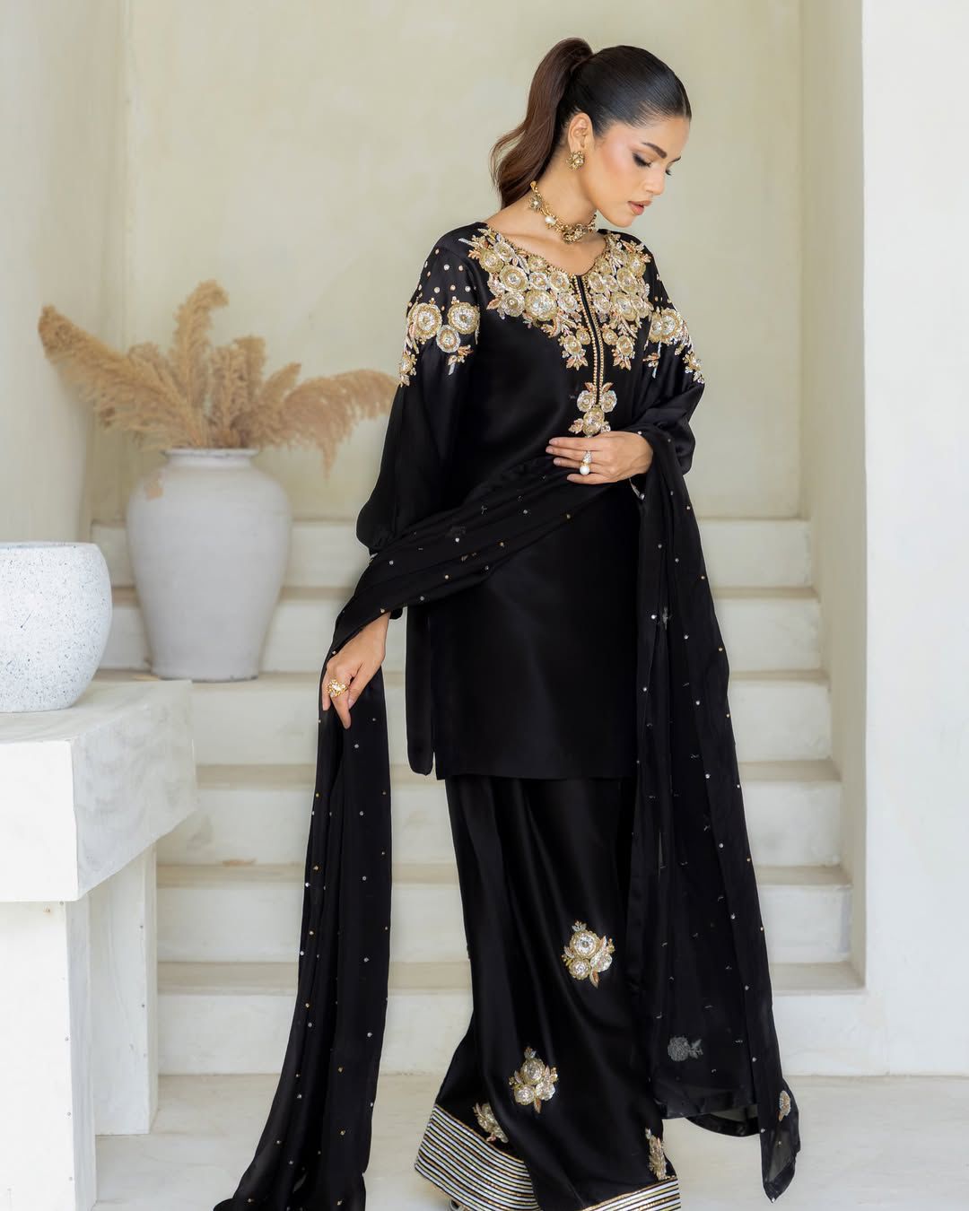 Women's Crepe Silk Salwar Kameez with Embroidery Sequence Work