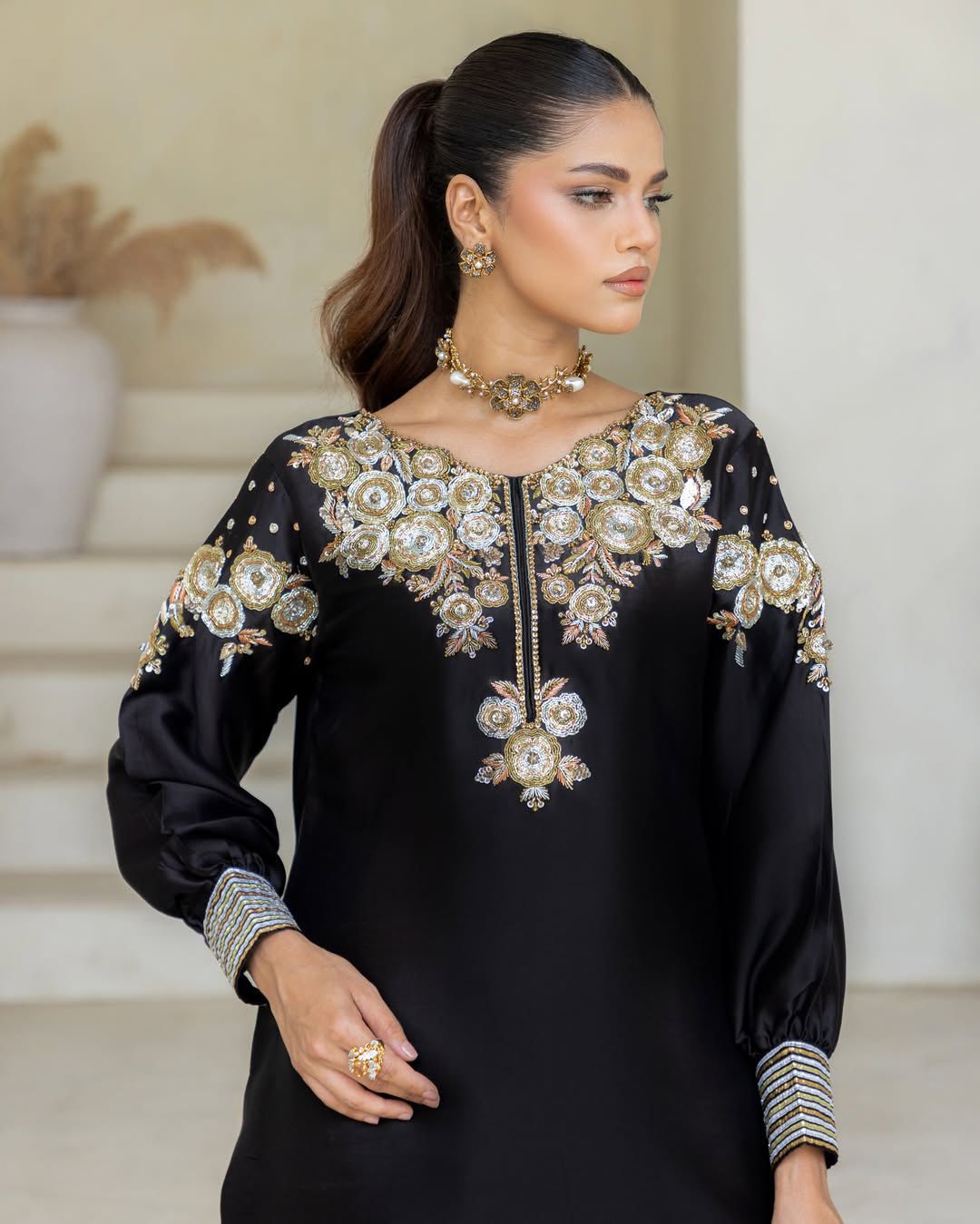 Women's Crepe Silk Salwar Kameez with Embroidery Sequence Work