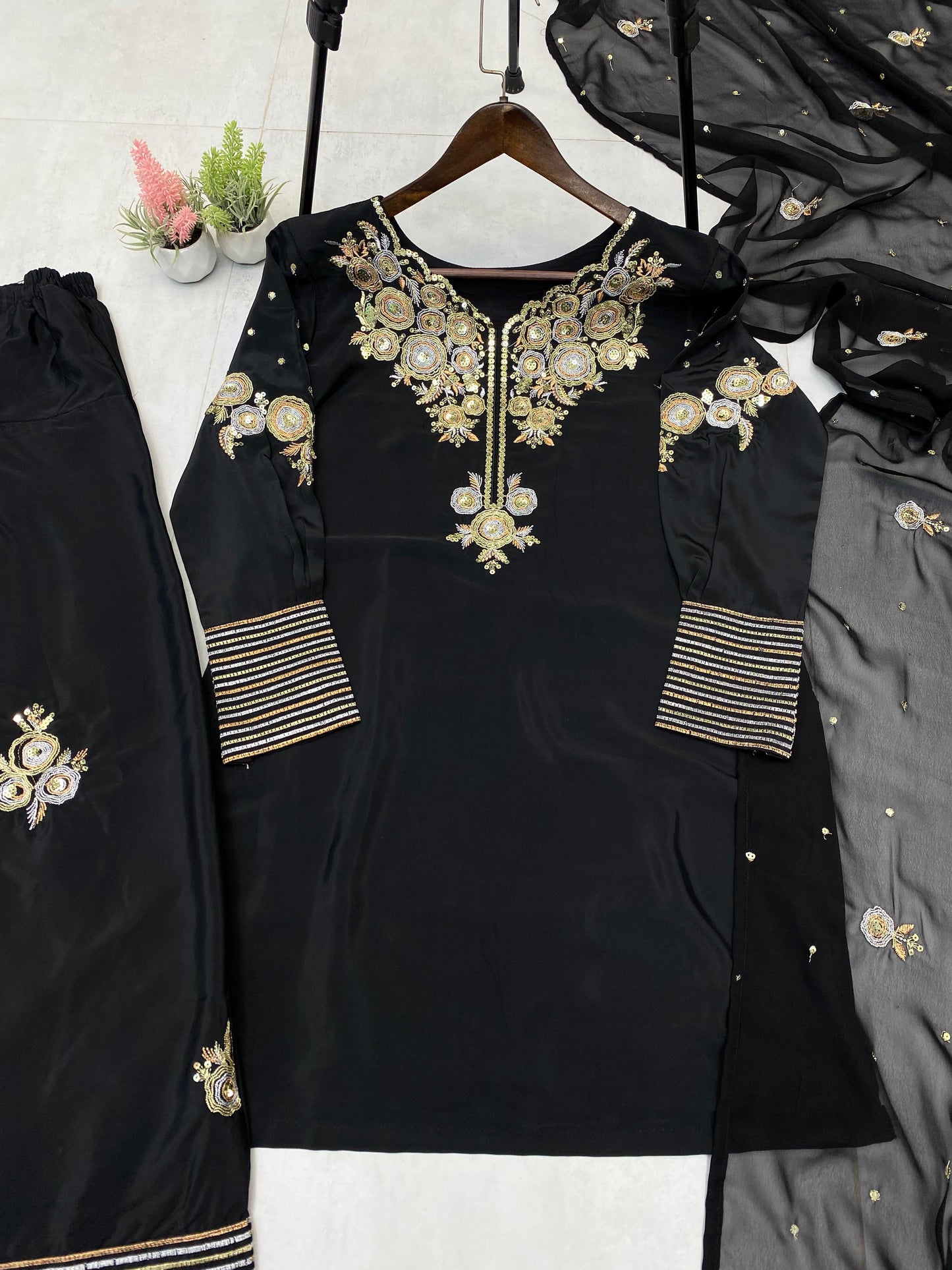 Women's Crepe Silk Salwar Kameez with Embroidery Sequence Work