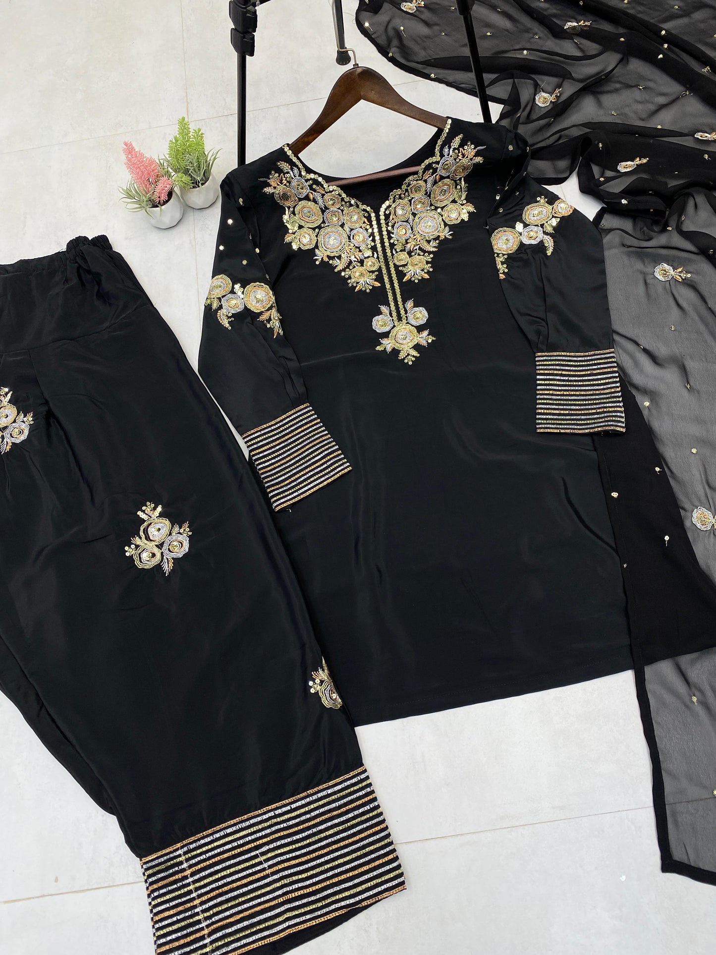 Women's Crepe Silk Salwar Kameez with Embroidery Sequence Work