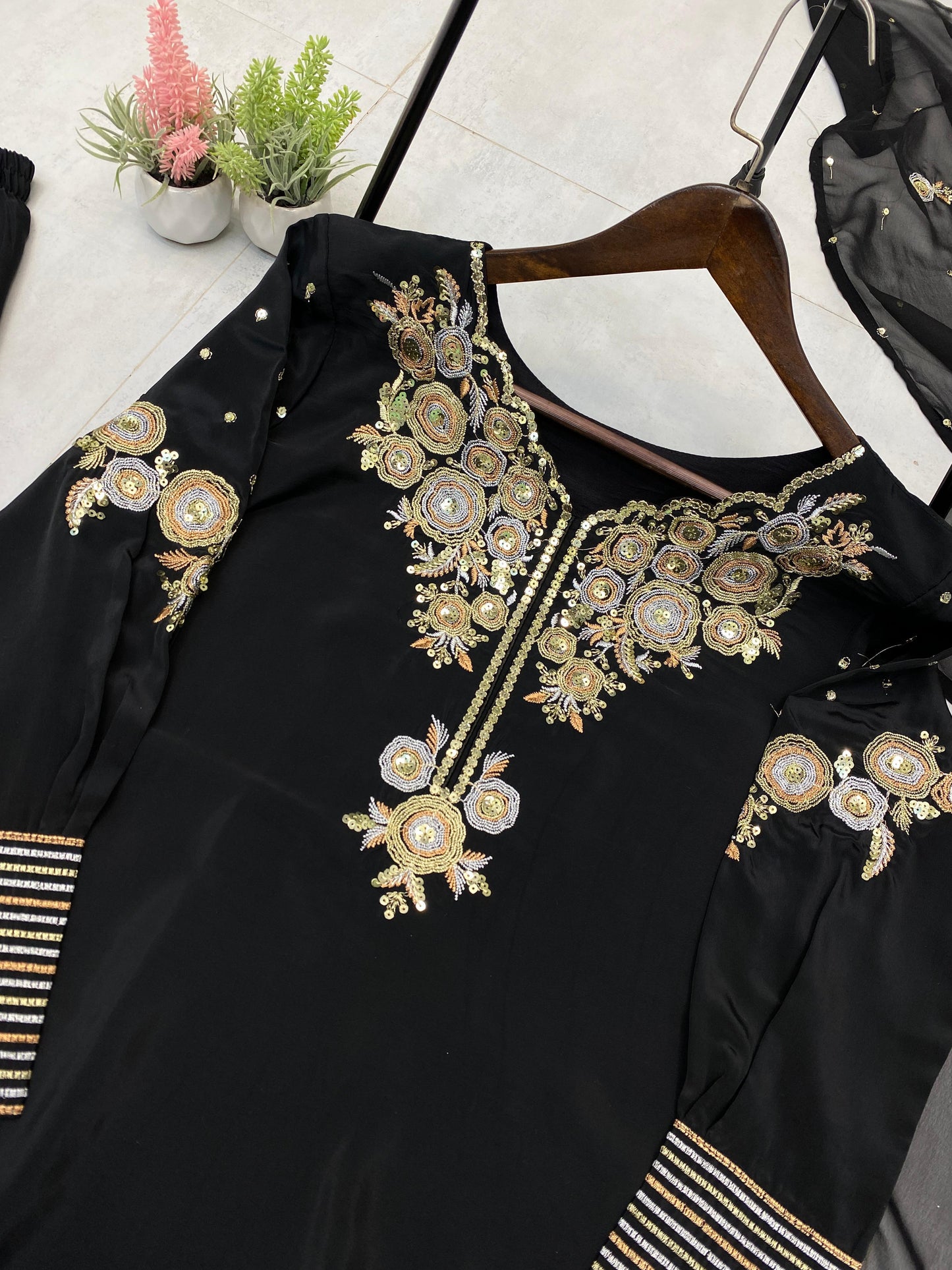 Women's Crepe Silk Salwar Kameez with Embroidery Sequence Work
