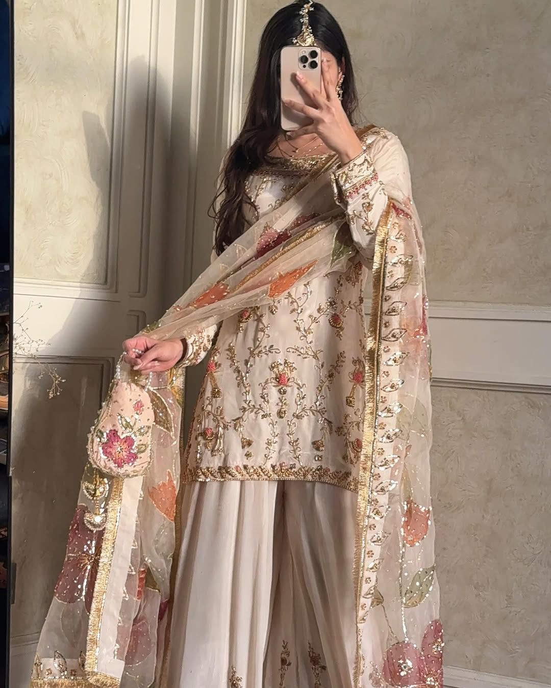 Heavy Thread Sequins And Embroidery Work Chinon Palazzo Suit With Dupatta
