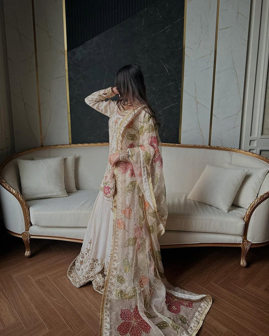 Heavy Thread Sequins And Embroidery Work Chinon Palazzo Suit With Dupatta
