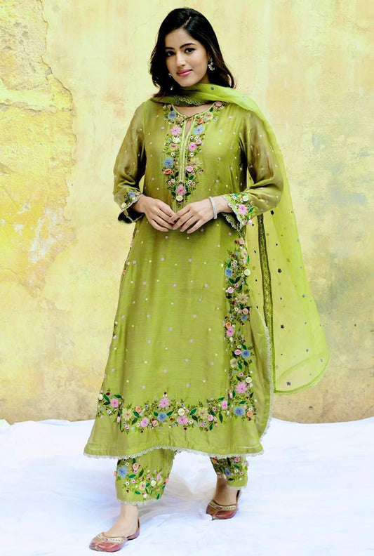 Faux Georgette Embroidery Sequence Work & Lace Border Salwar Kameez