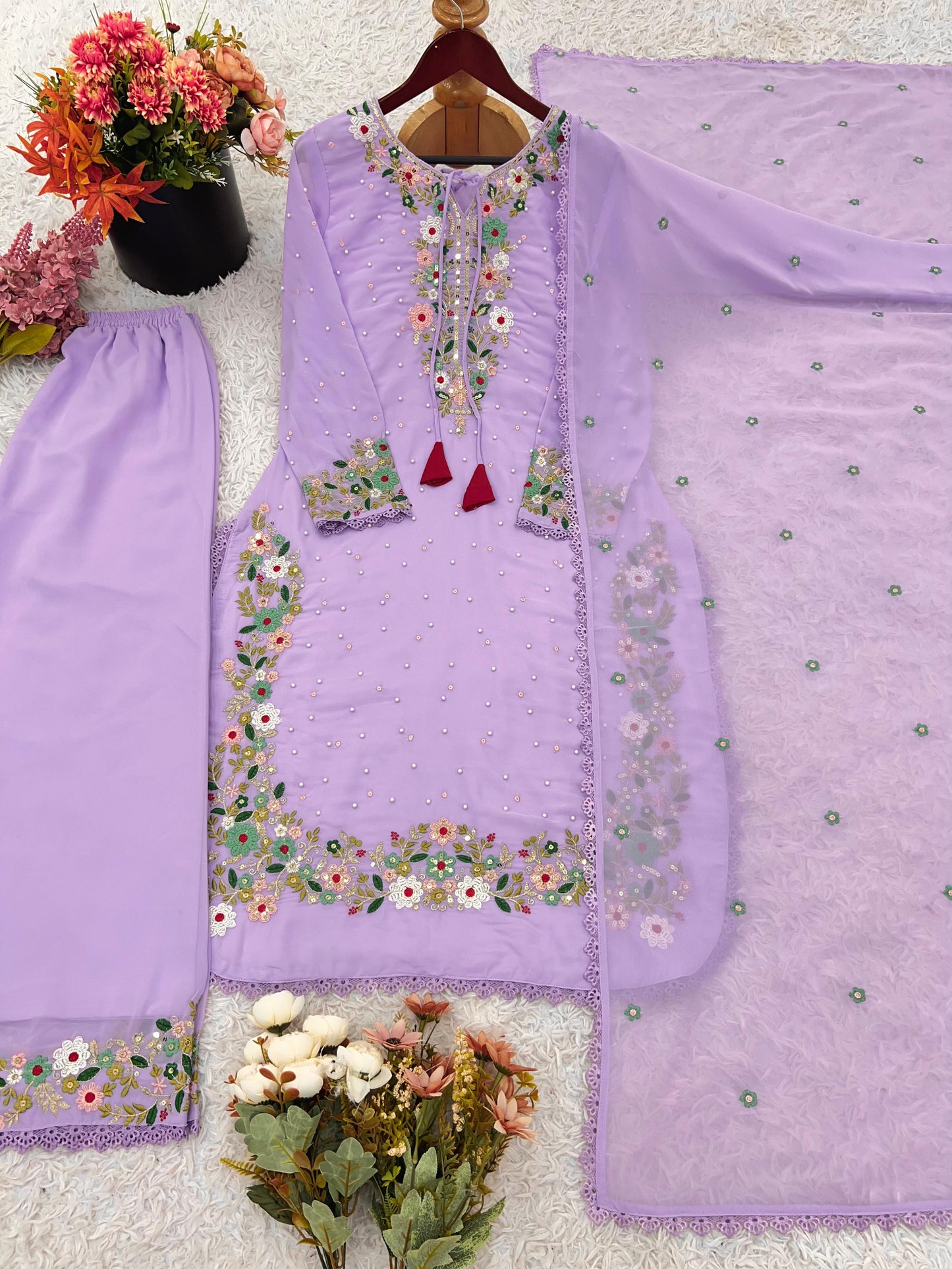 Faux Georgette Embroidery Sequence Work & Lace Border Salwar Kameez