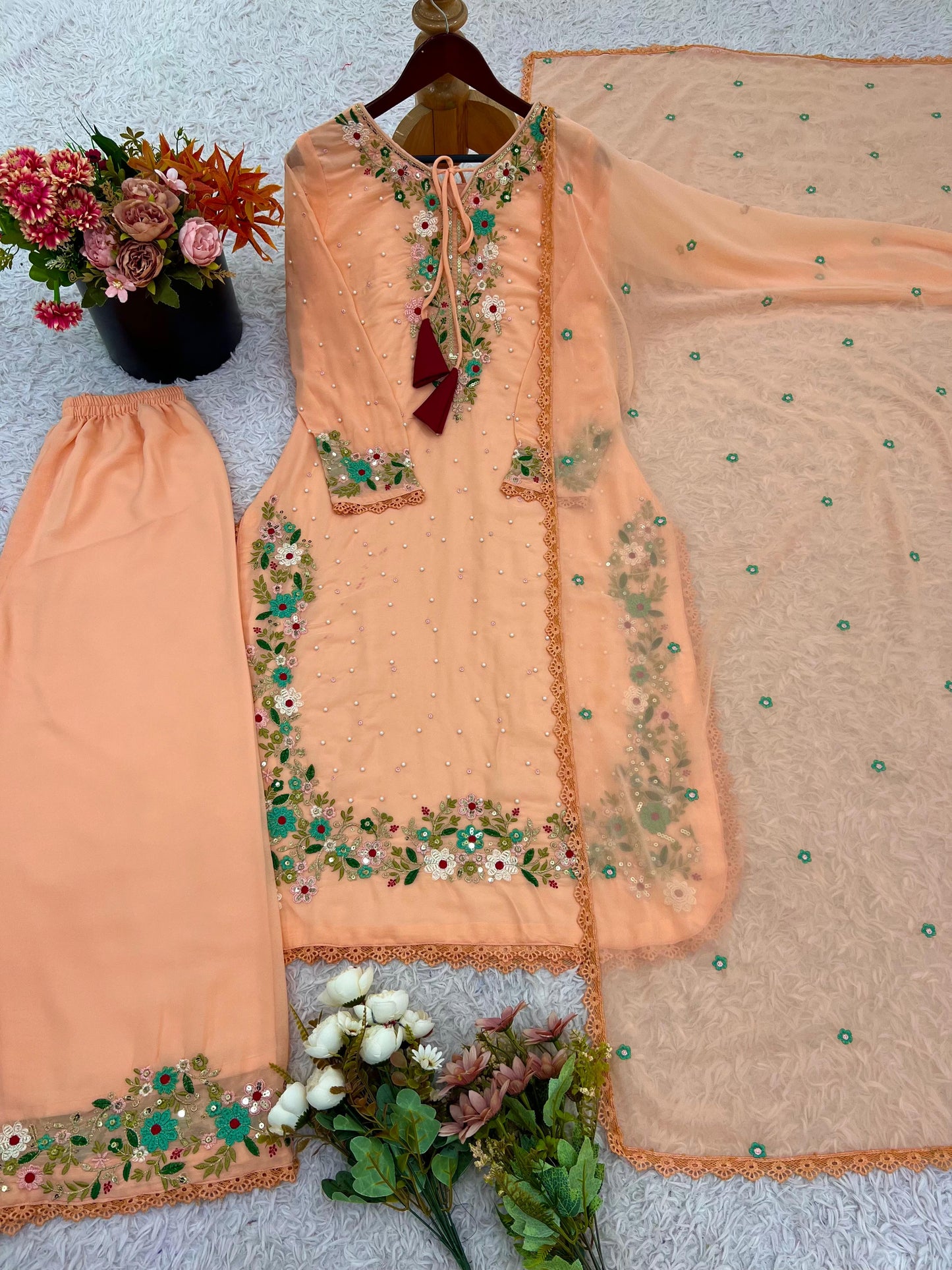 Faux Georgette Embroidery Sequence Work & Lace Border Salwar Kameez