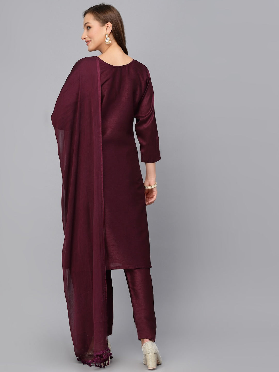 Sequence embroidered work slub rayon fabric straight kurta, pant and dupatta set