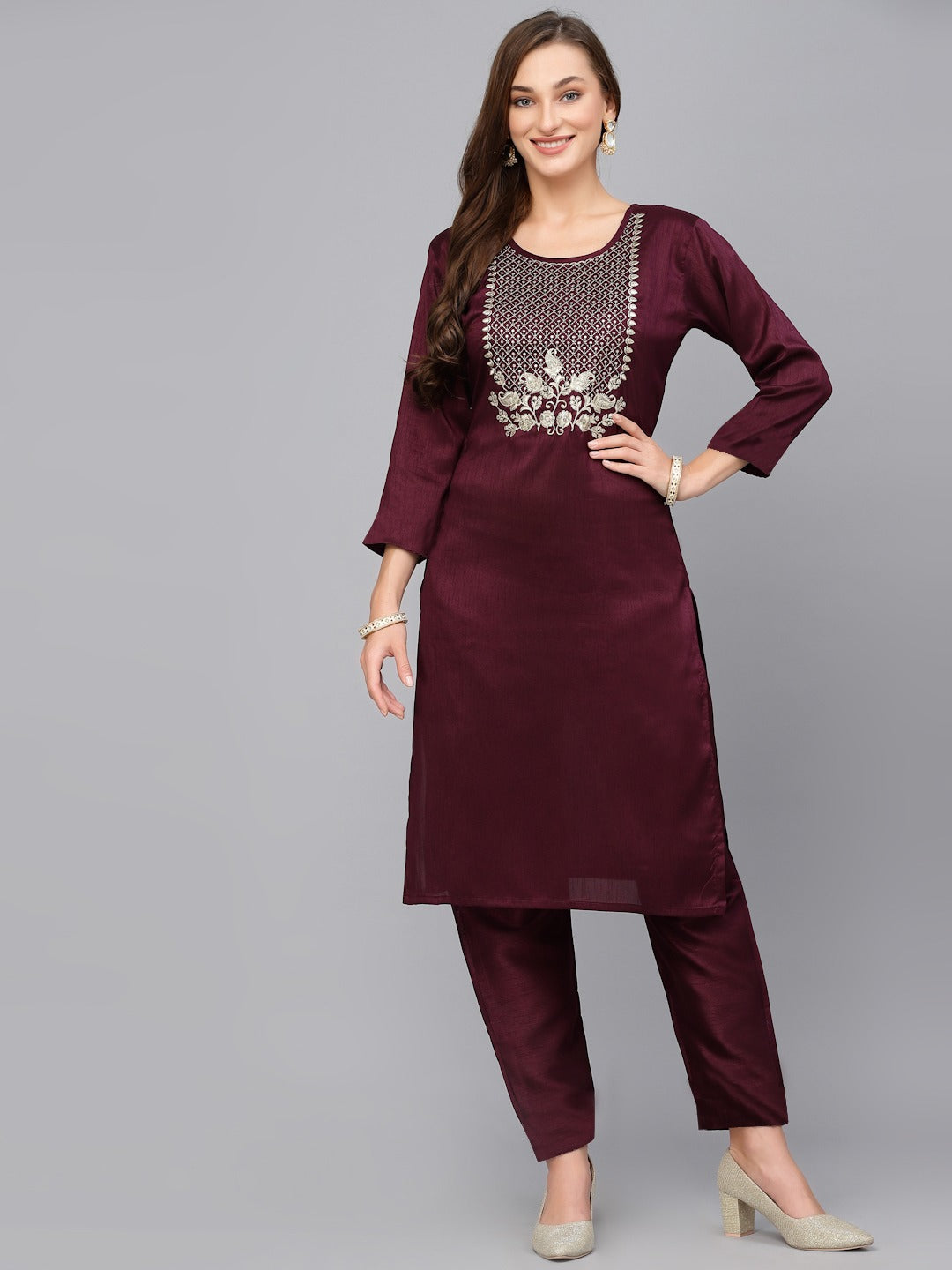 Sequence embroidered work slub rayon fabric straight kurta, pant and dupatta set