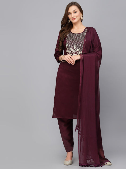 Sequence embroidered work slub rayon fabric straight kurta, pant and dupatta set