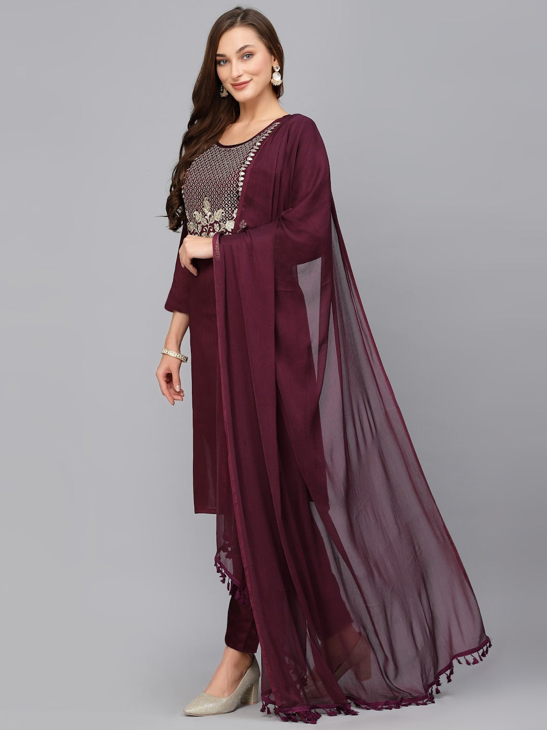 Sequence embroidered work slub rayon fabric straight kurta, pant and dupatta set