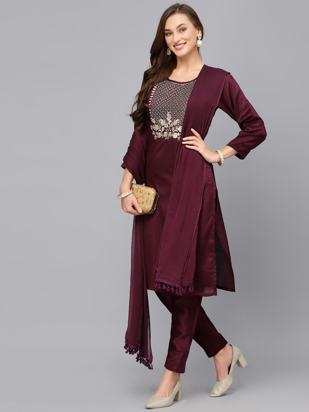 Sequence embroidered work slub rayon fabric straight kurta, pant and dupatta set