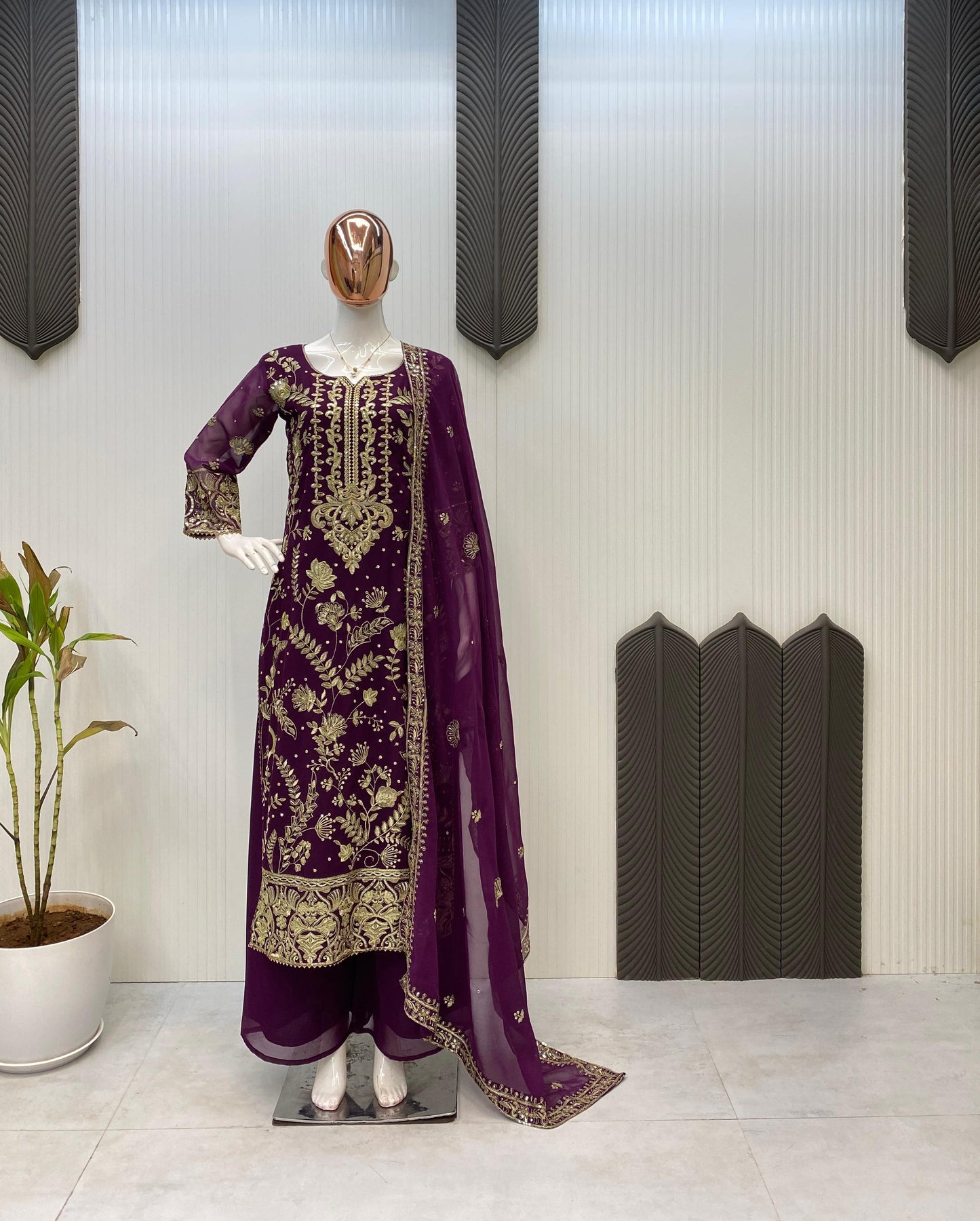 Women's Georgette Sequence Embroidery Work Kurta  Plazzo Dupatta Set