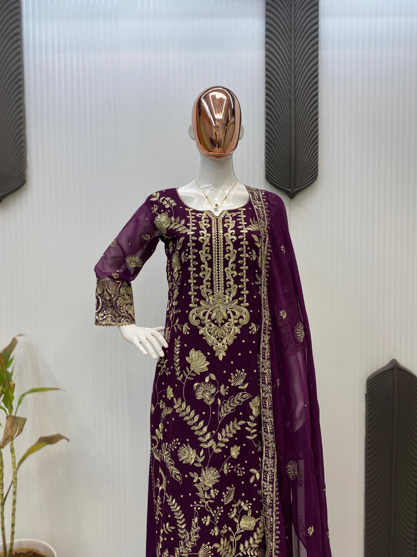 Women's Georgette Sequence Embroidery Work Kurta  Plazzo Dupatta Set