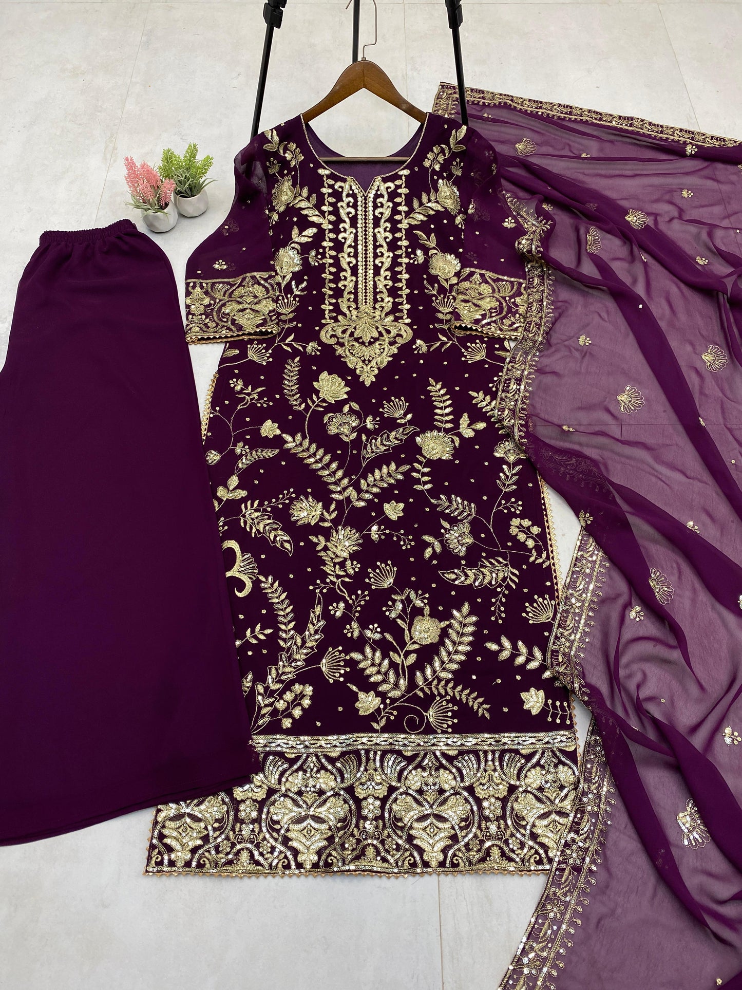 Women's Georgette Sequence Embroidery Work Kurta  Plazzo Dupatta Set