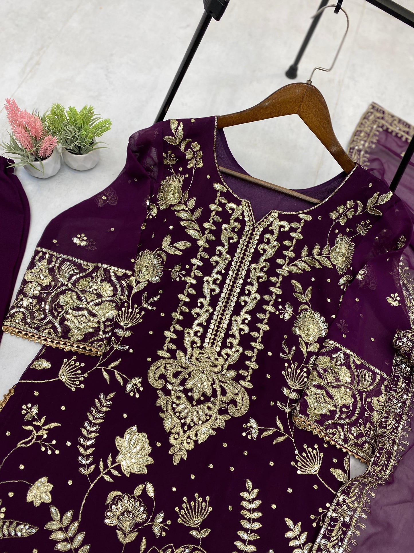 Women's Georgette Sequence Embroidery Work Kurta  Plazzo Dupatta Set