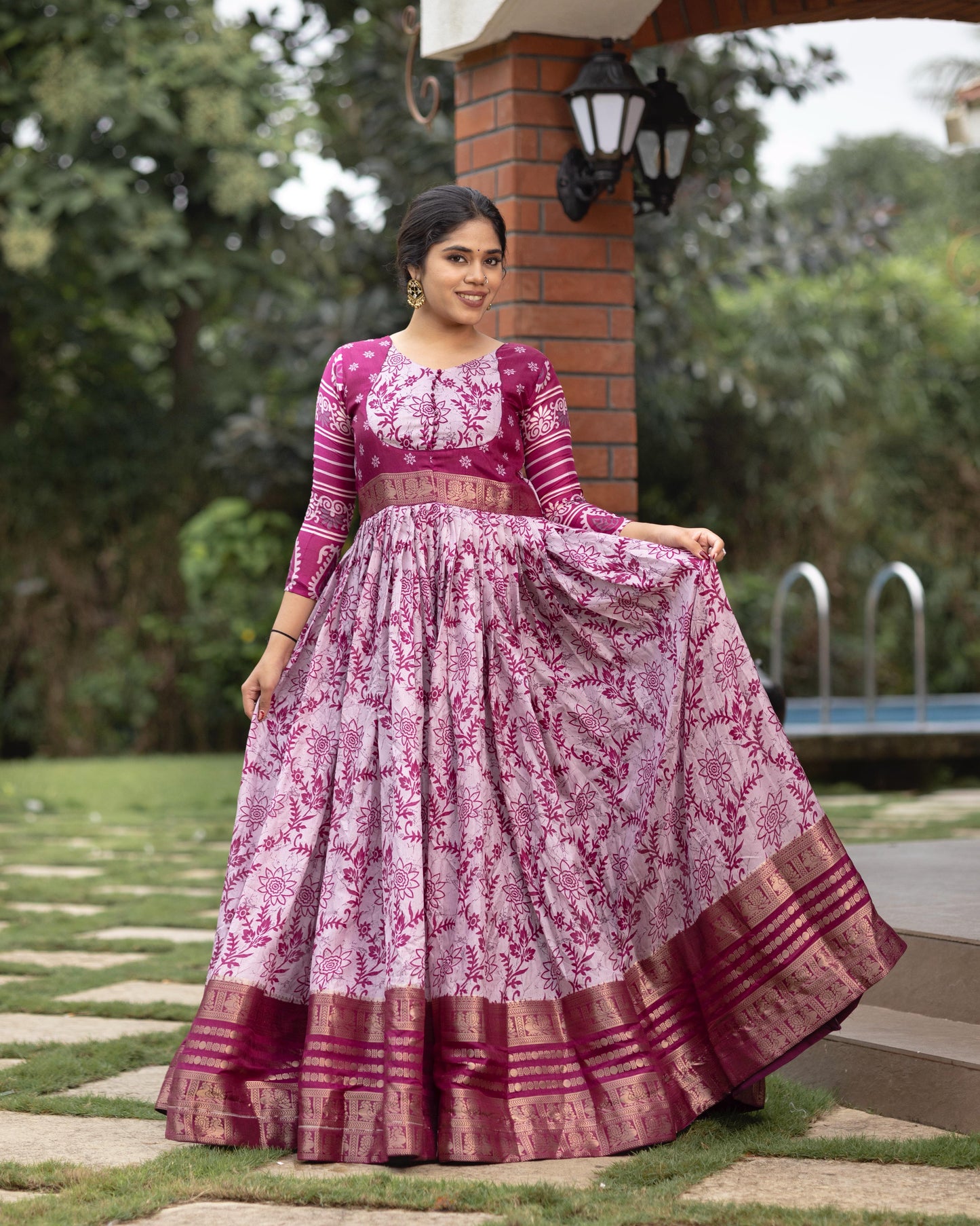 Flora Silk Long Gown With Rich Jacquard Patta Work