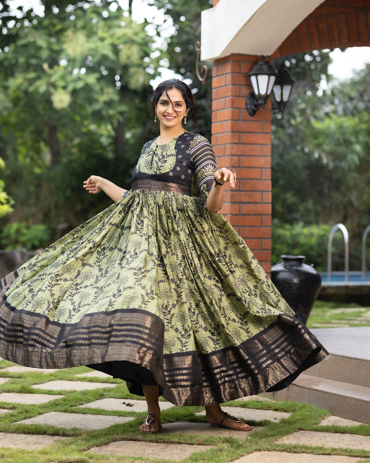 Flora Silk Long Gown With Rich Jacquard Patta Work