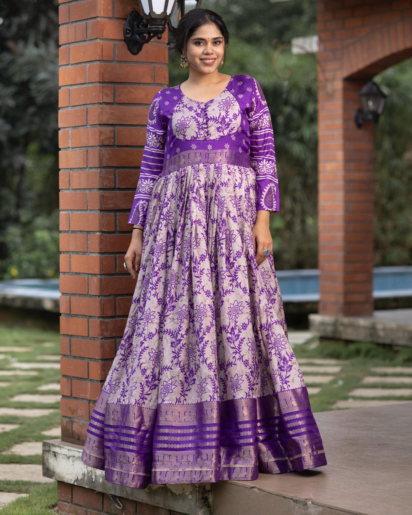 Flora Silk Long Gown With Rich Jacquard Patta Work