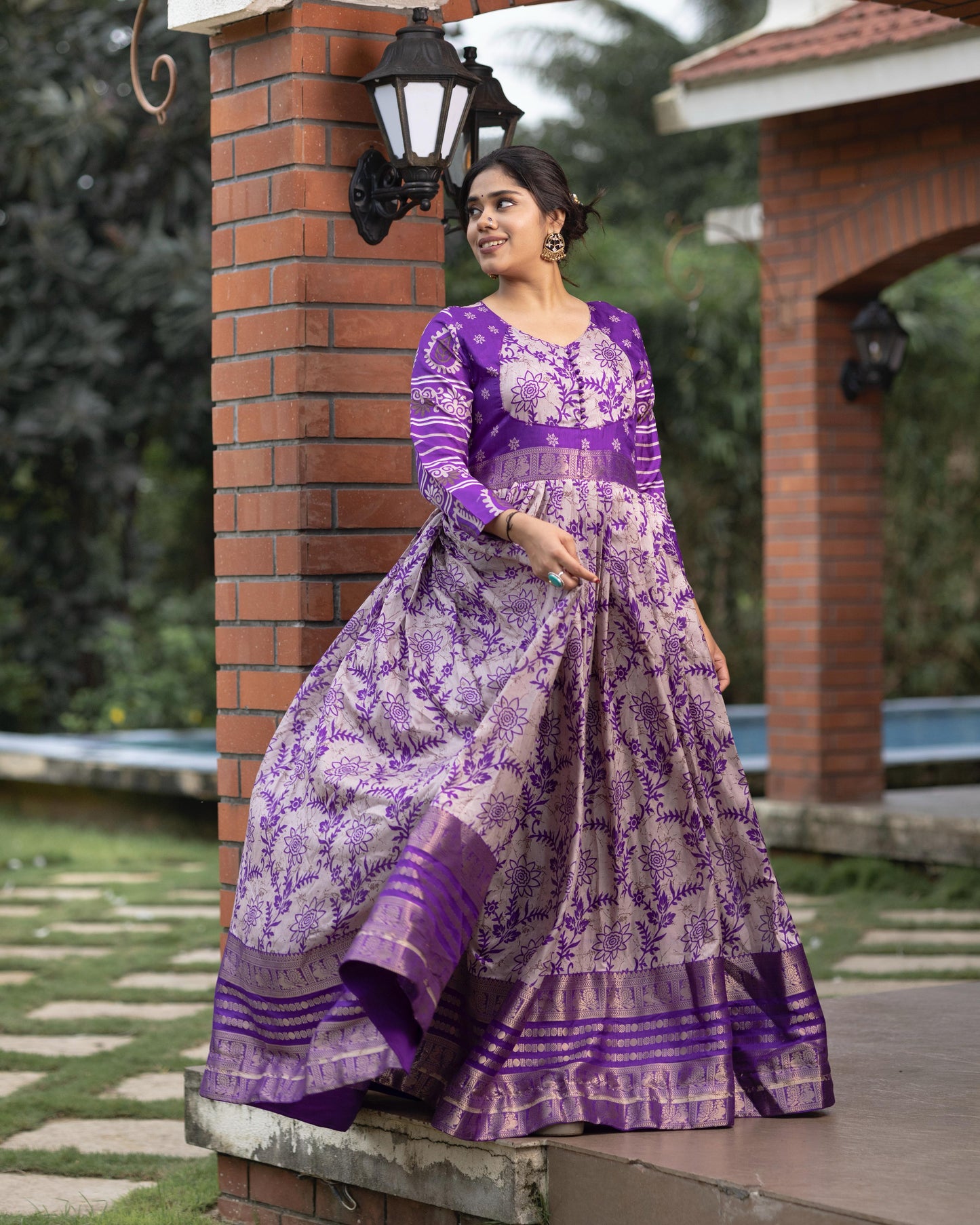 Flora Silk Long Gown With Rich Jacquard Patta Work