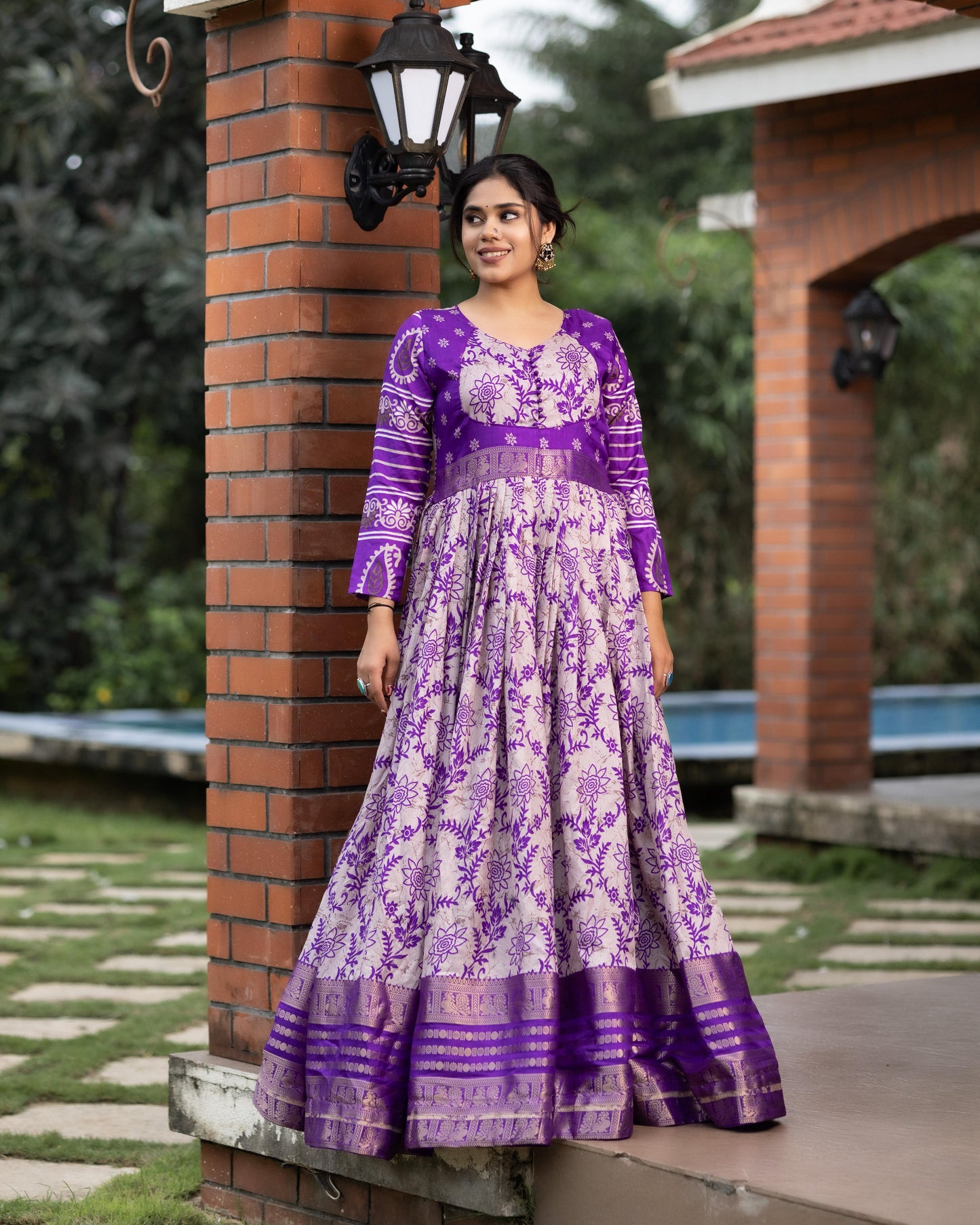 Flora Silk Long Gown With Rich Jacquard Patta Work