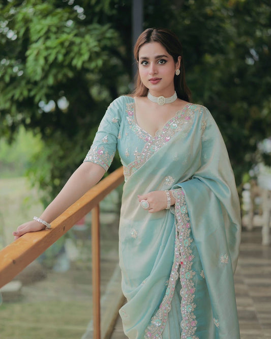 Silk Saree with Sequins and Cording Embroidery Work