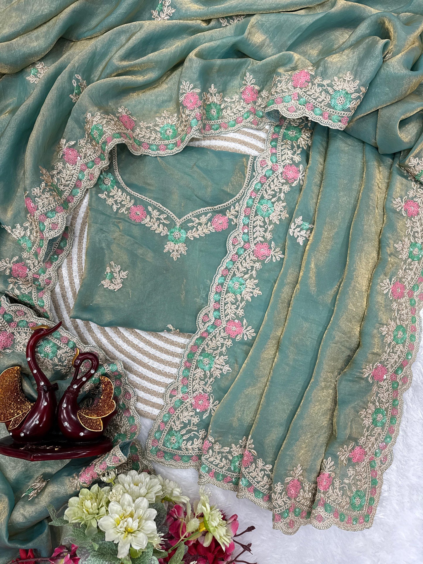 Silk Saree with Sequins and Cording Embroidery Work