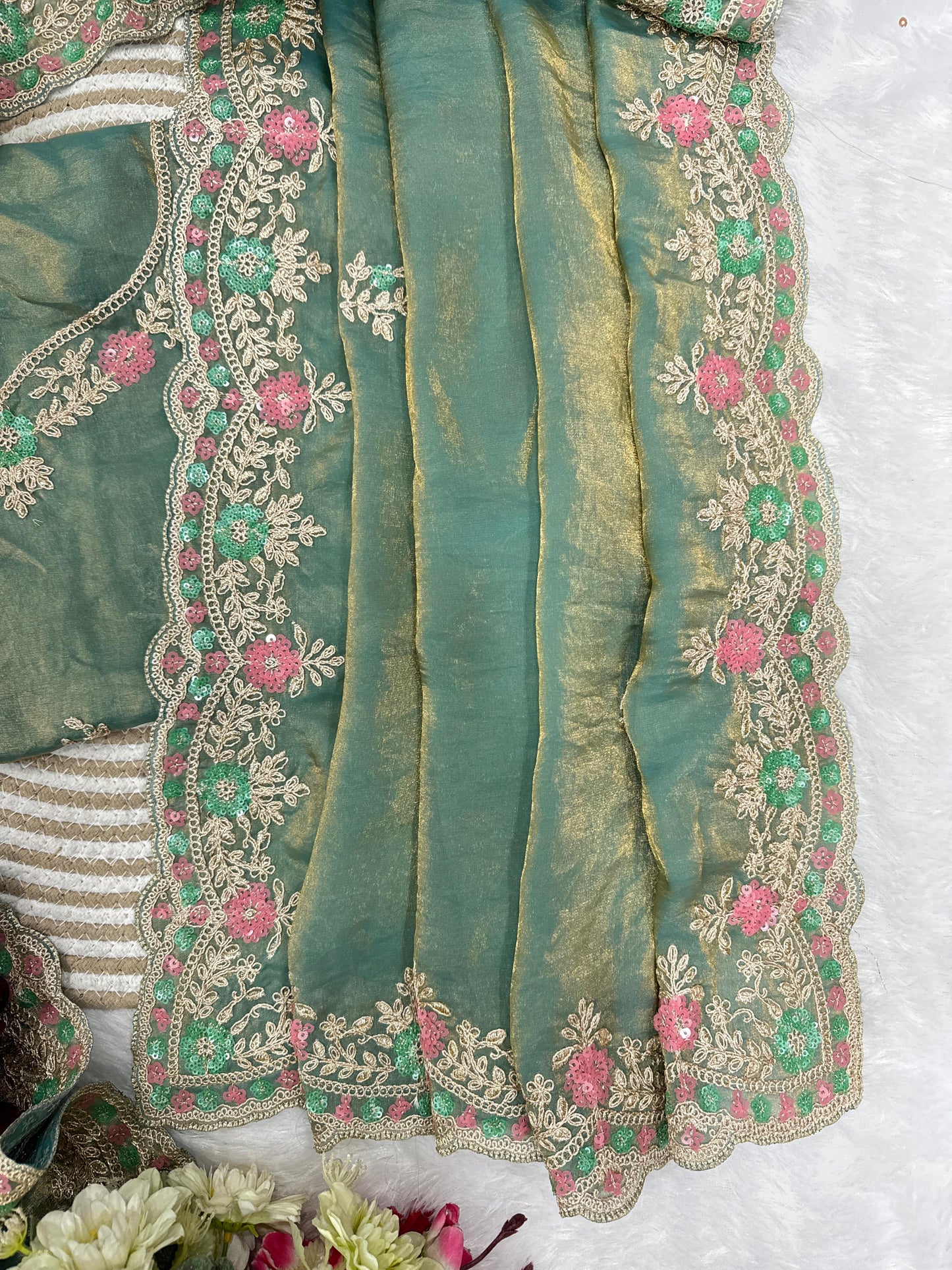 Silk Saree with Sequins and Cording Embroidery Work