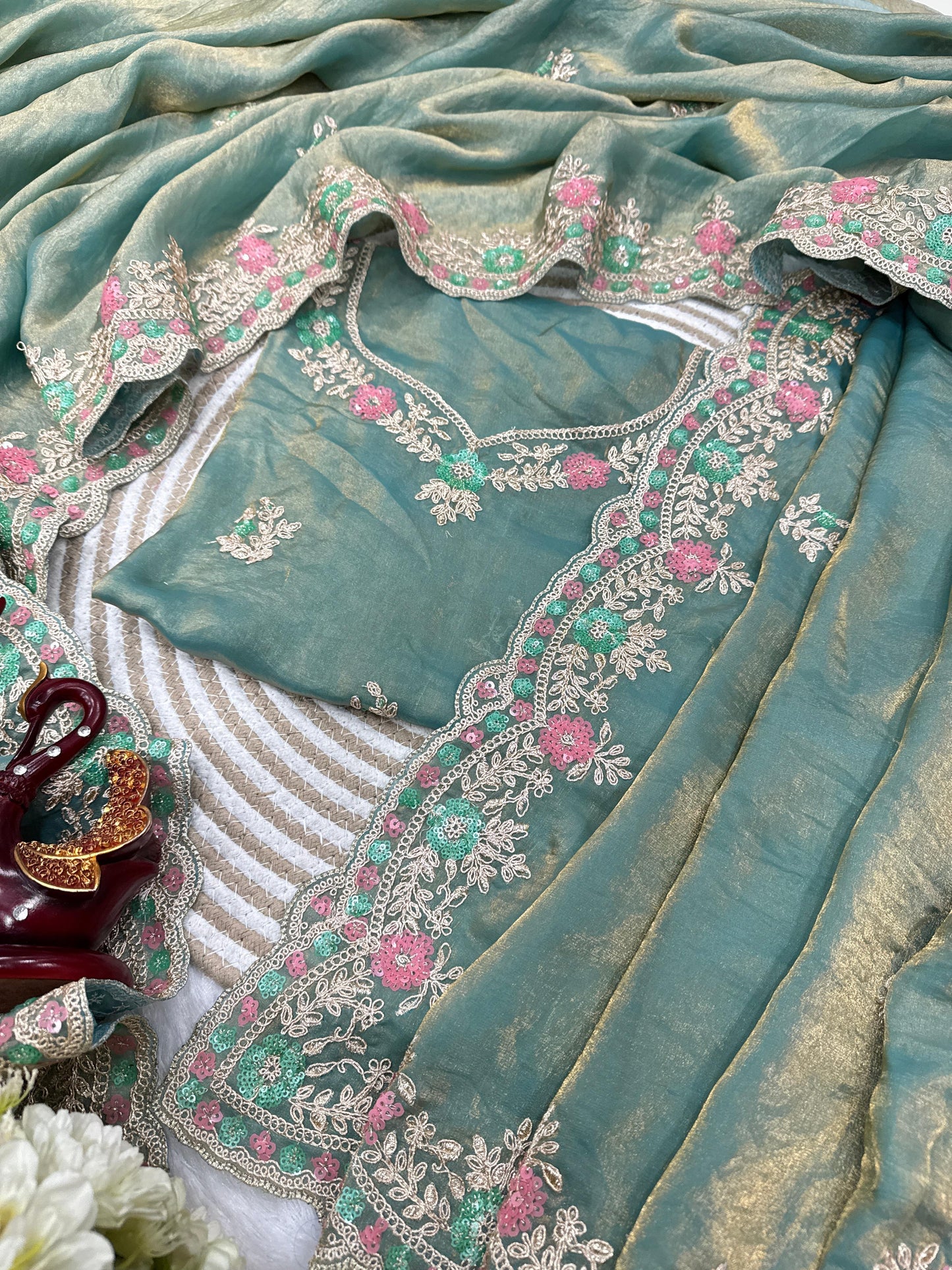Silk Saree with Sequins and Cording Embroidery Work