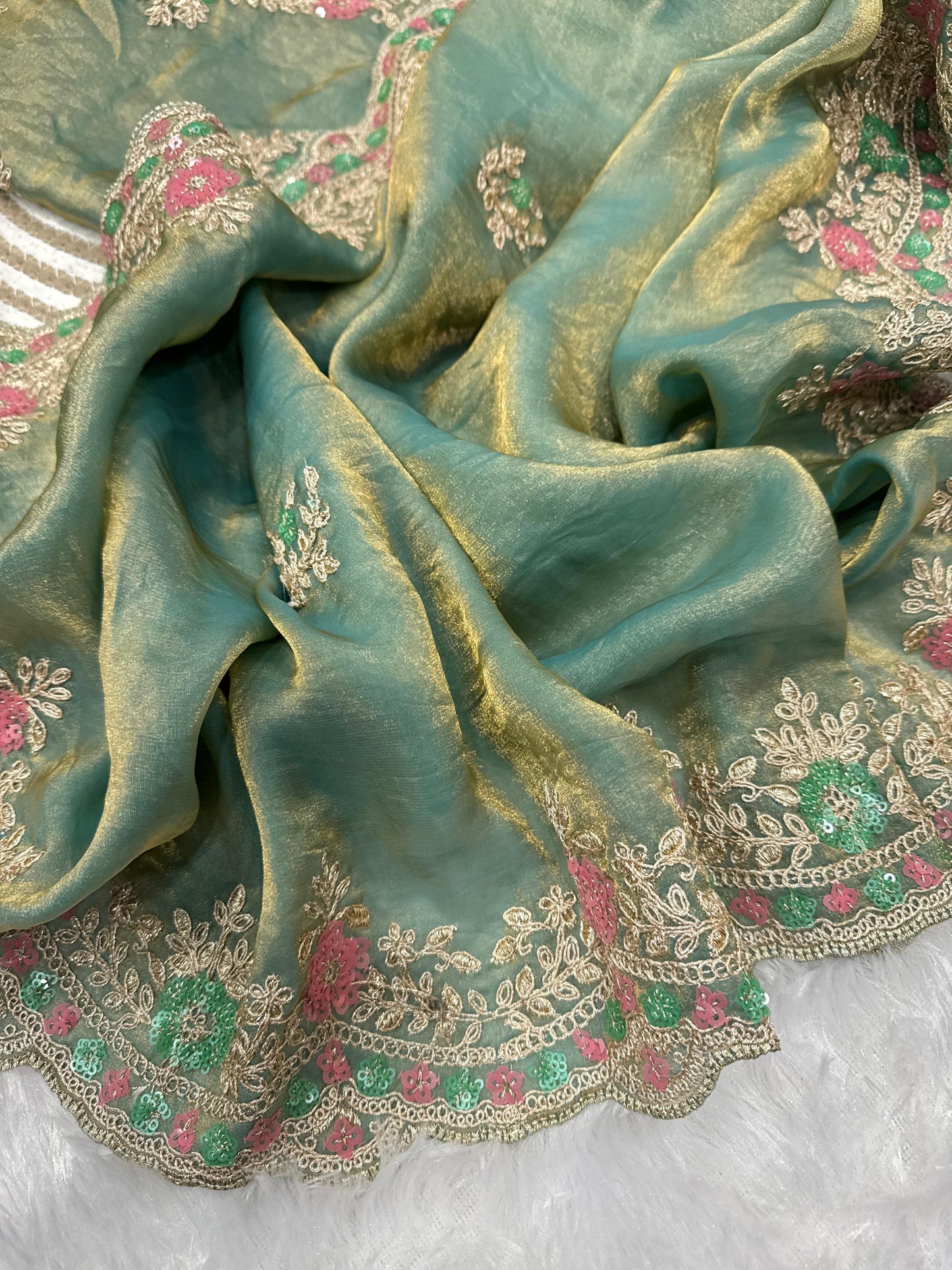 Silk Saree with Sequins and Cording Embroidery Work
