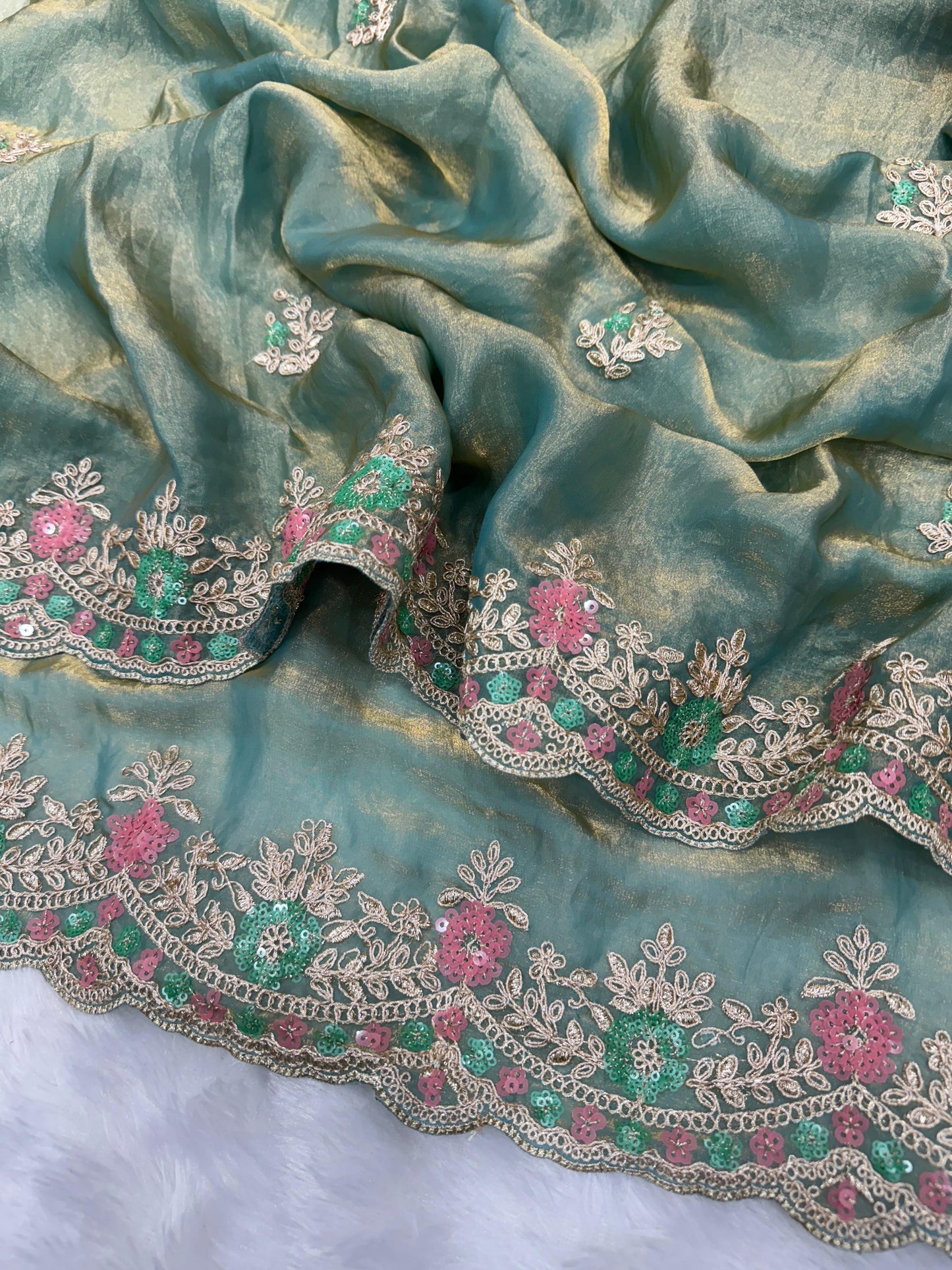 Silk Saree with Sequins and Cording Embroidery Work