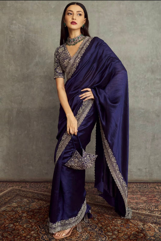 Pure Silk Embroidery Sequence Coding Work Saree with Blouse