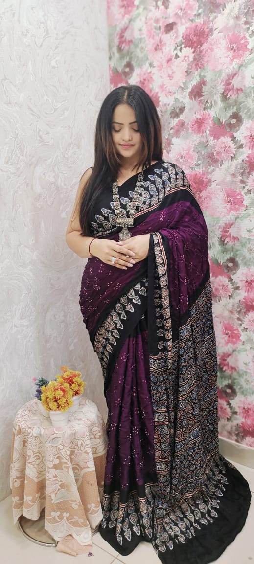 Ajrakh Modal Silk Saree & Natural Dyes with Bandhej Handwork