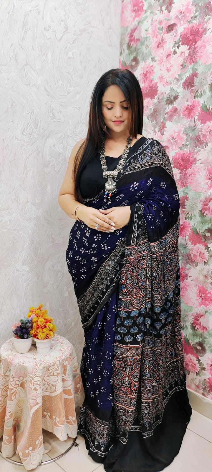 Ajrakh Modal Silk Saree & Natural Dyes with Bandhej Handwork