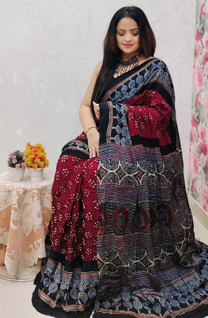 Ajrakh Modal Silk Saree & Natural Dyes with Bandhej Handwork