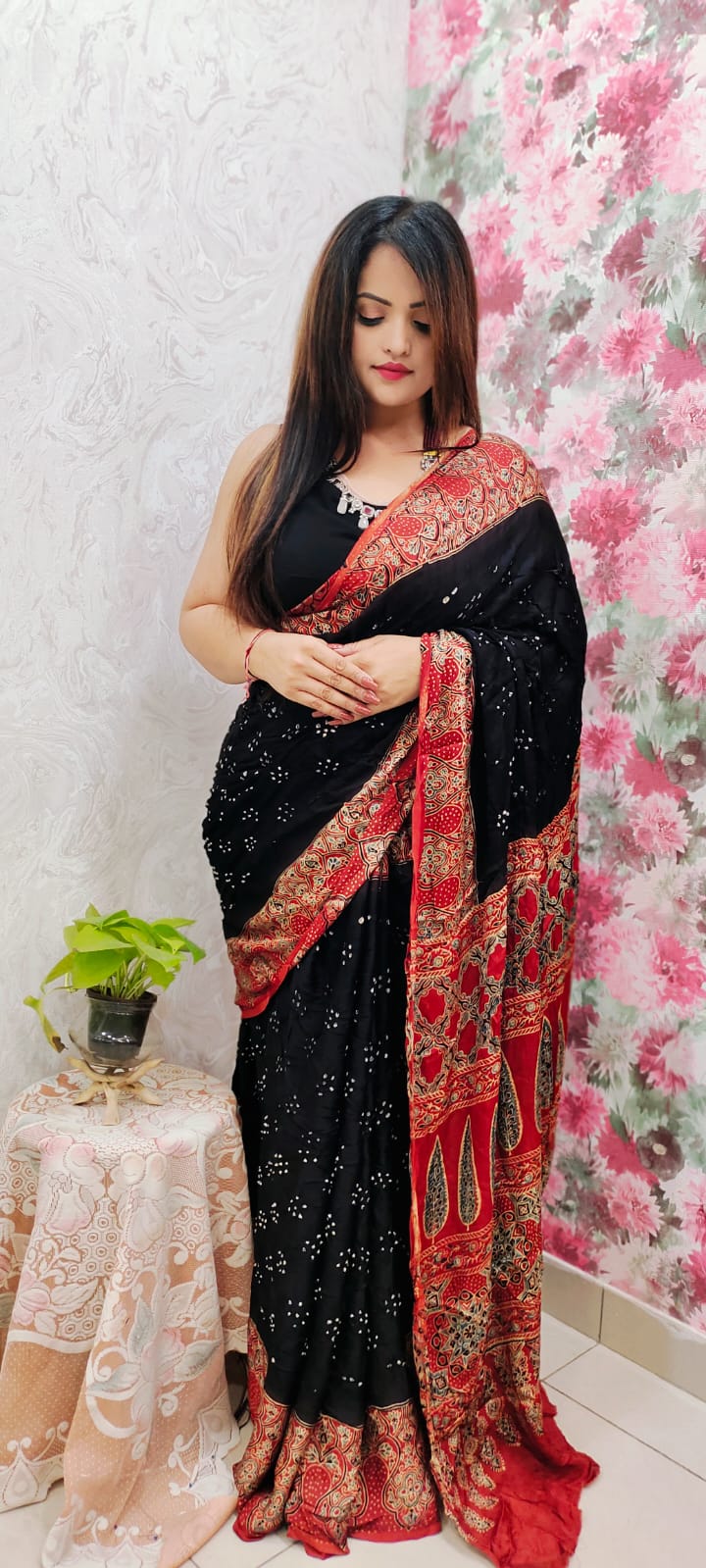 Ajrakh Modal Silk Saree & Natural Dyes with Bandhej Handwork