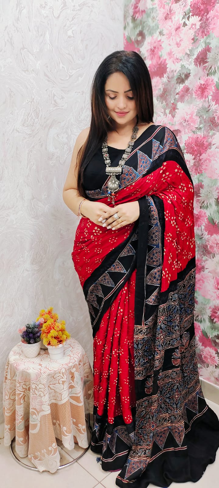 Ajrakh Modal Silk Saree & Natural Dyes with Bandhej Handwork