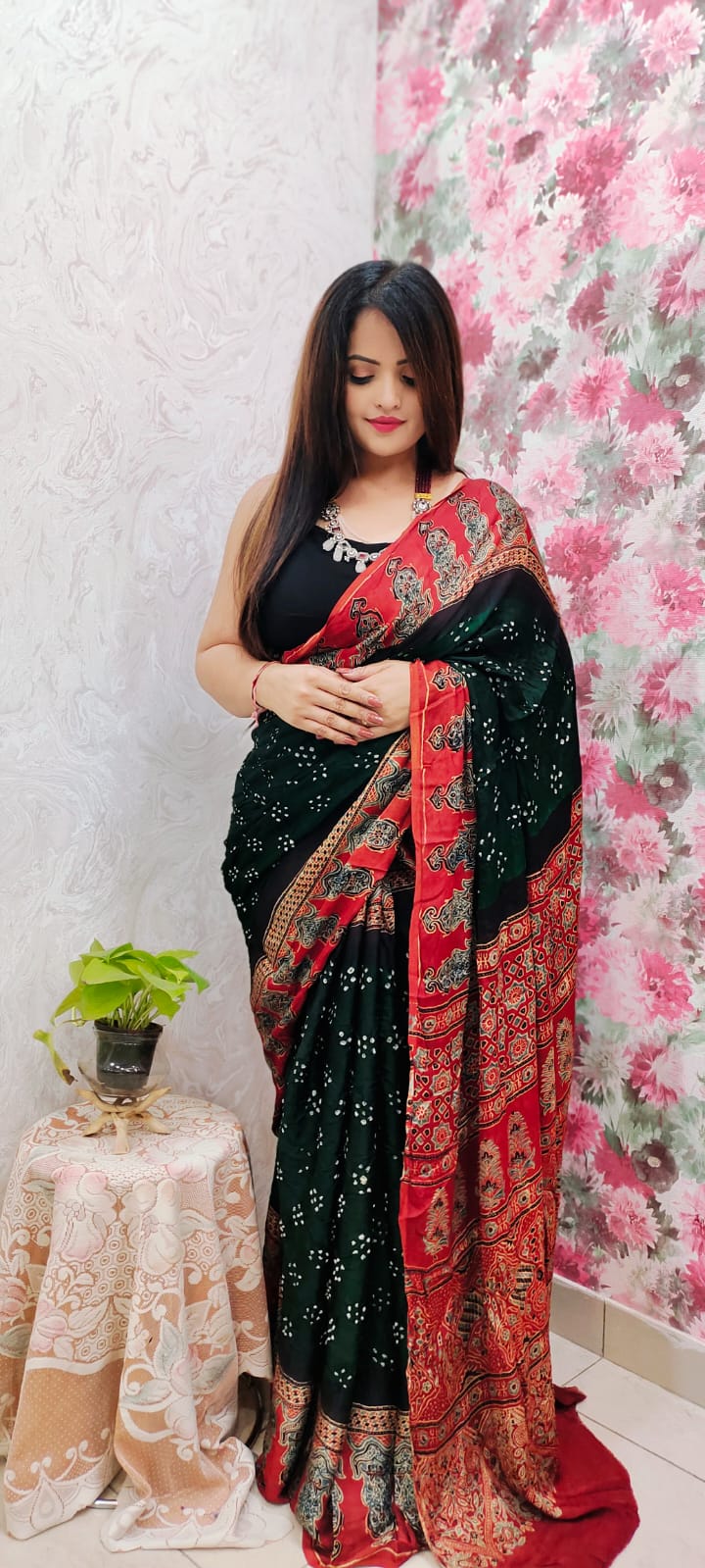 Ajrakh Modal Silk Saree & Natural Dyes with Bandhej Handwork