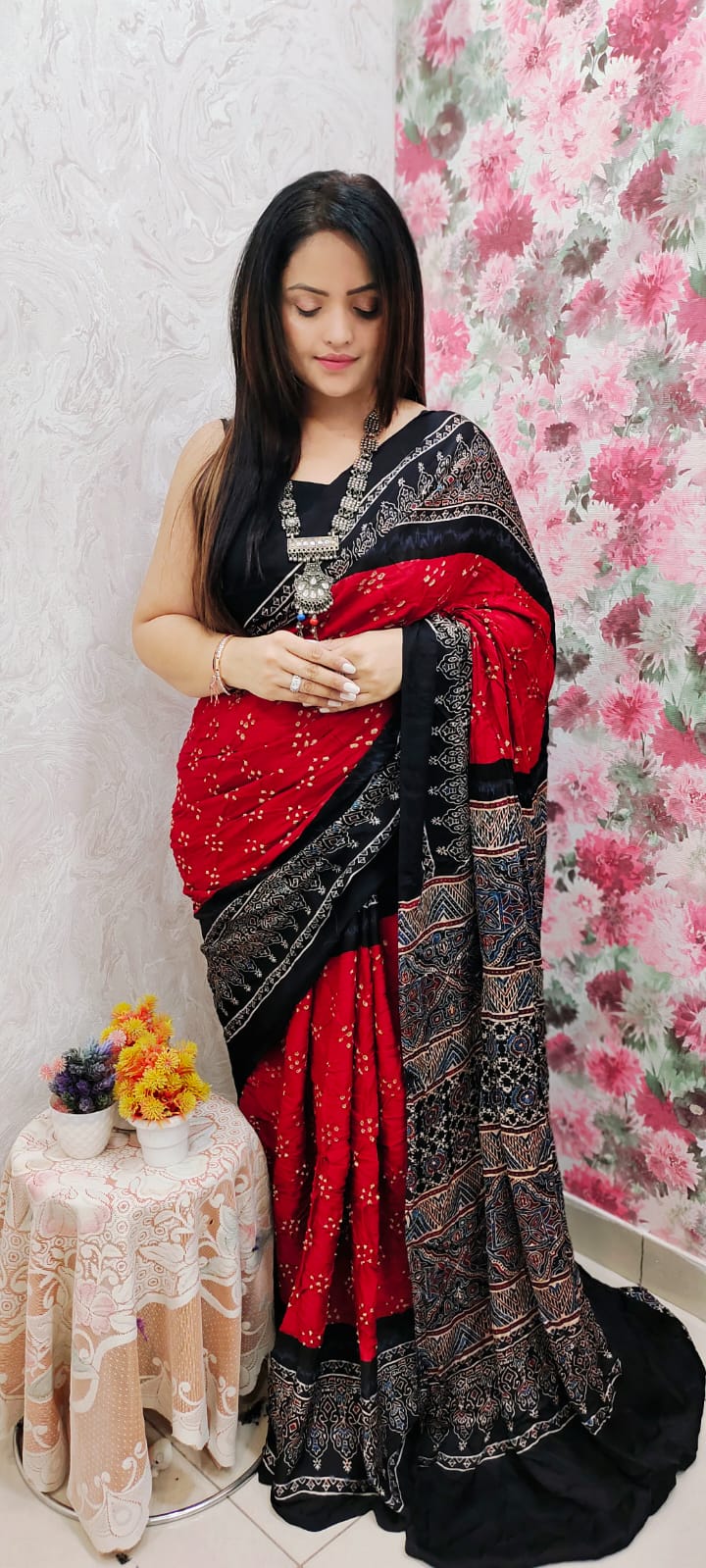 Ajrakh Modal Silk Saree & Natural Dyes with Bandhej Handwork