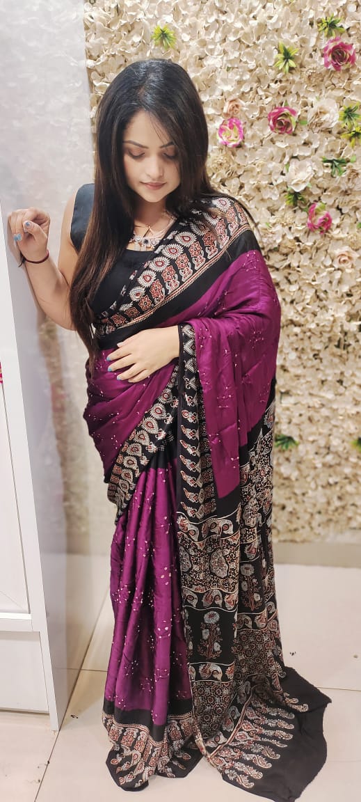 Ajrakh Modal Silk Saree & Natural Dyes with Bandhej Handwork